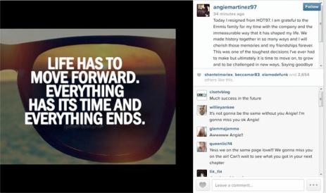 Angie Martinez's official IG post making listeners aware that she resigned from Hot 97.