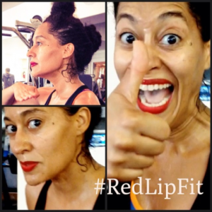 Tracee shares with us that she works hard at the gym to stay fit. She hashtags #redlipfit so that we can work right alongside her.