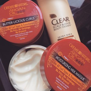 Creme of Nature Argan Oil Milk Masque and Butter-licious Curls paired with Clear Shampoo.